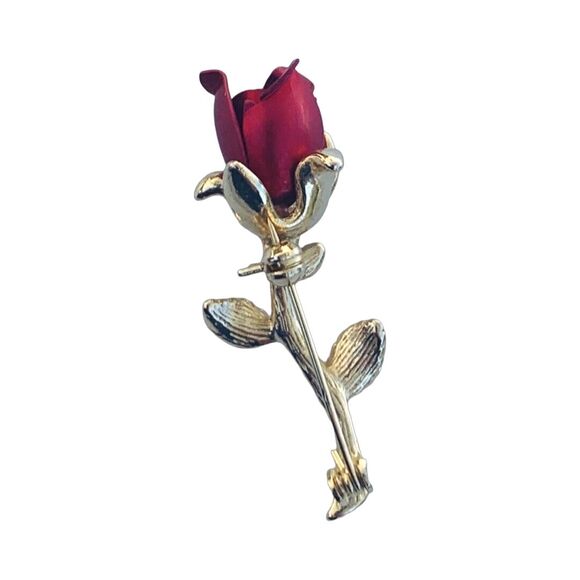 Vintage Gold Tone Red Rose Brooch Pin 2" Excellent Cottagecore - Picture 3 of 8